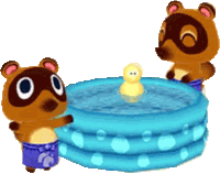 two animal crossing characters are playing in a pool