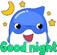 a cartoon dolphin says good night with a crescent moon and stars