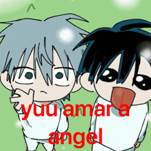 a drawing of two anime characters with the name yuu amara angel written in red