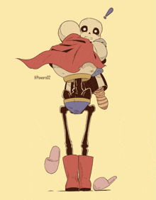 a drawing of a skeleton carrying another skeleton with a red cape