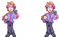 a pixel art of a boy holding a microphone and a purse .