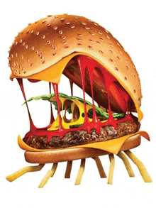 a hamburger with cheese , ketchup , lettuce , and french fries is floating on top of a bun .