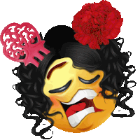 a smiley face with a red flower on her head