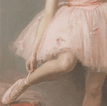 a painting of a ballerina in a pink tutu tying her shoes .