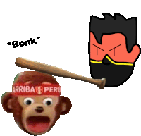 a monkey wearing a bandana that says arriba peru is holding a bat