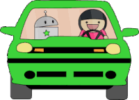 a woman is driving a green car with a robot in the window