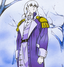 a drawing of a man in a purple coat standing in the snow