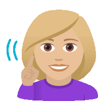 a woman in a purple shirt is smiling and pointing up with her finger