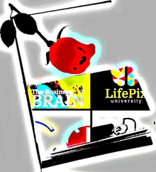 a life pix university sign with a red rose on top of it