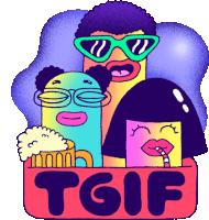 a cartoon illustration of a group of people with a sign that says tgif on it