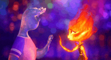 a man and a woman are standing next to each other with fire coming out of their hair .