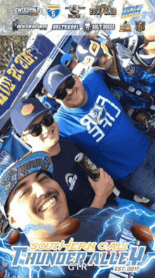 a group of men are posing for a photo with thunder alley written on the bottom