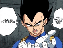 a cartoon character says " give me your phone "