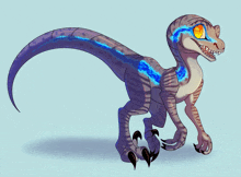 a cartoon drawing of a dinosaur with a blue tail and orange eyes