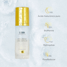 a bottle of isdin hyaluronic concentrate with a gold cap