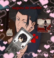 a man is holding a cell phone with a picture of a boy on it and the words suguru de martin on the bottom