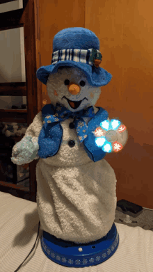 a stuffed snowman wearing a blue hat and a blue scarf