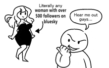 a black and white drawing of a woman with over 500 followers on bluesky .