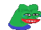 a pixel art drawing of a green frog with red lips and a crying face .