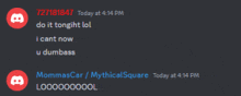 a screenshot of a discord conversation between mommascar / mythicalsquare