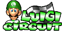 the logo for luigi circuit has a picture of luigi wearing a green hat and a checkered flag .