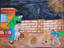 a drawing of a man wearing a mask cleaning the ground