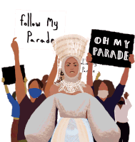 a woman in a white dress is holding a sign that says follow my parade