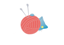 a ball of yarn with knitting needles and a blue pillow