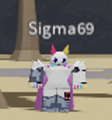 a cartoon character is standing in front of a sign that says sigma 69 on it .