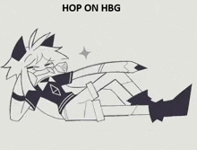 a black and white drawing of a person laying on their stomach with the words hop on hbg above them .