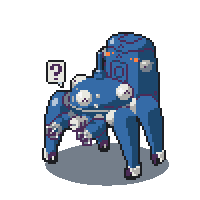 a pixel art drawing of a blue robot with a question mark above it