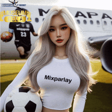 a woman wearing a mixparlay shirt holds a soccer ball in front of an airplane