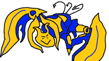 a drawing of a yellow and blue monster with a smiley face on it