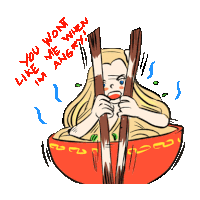 a cartoon of a woman holding chopsticks in a bowl of noodles with the words you wont like me when im angry