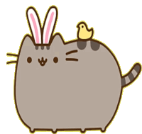 a cartoon cat with bunny ears and a small bird on its back