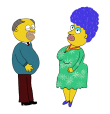 a cartoon of a man and a woman with blue hair standing next to each other