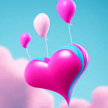 a pink heart is surrounded by pink balloons in the sky