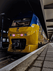 a yellow and blue train with ns written on the front