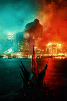 a painting of a city on fire and a monster in the water