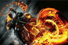 a painting of a ghost rider riding a motorcycle in flames