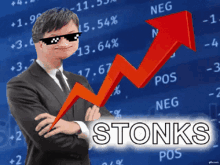 a man wearing sunglasses stands in front of a graph that says stonks pos