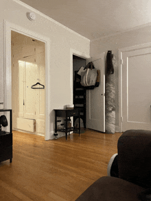 a living room with hardwood floors and a closet with a bag hanging on the door