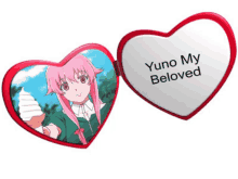 a heart shaped mirror with a picture of a girl and the words yuno my beloved