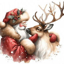 a painting of santa claus hugging a reindeer with red mittens