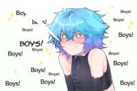 a girl with blue hair is surrounded by boys written on a white background