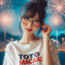 a girl with glasses and a toto macau shirt