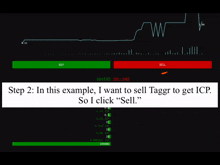 a screen shows a buy and sell button and says " in this example i want to sell taggr to get icp "