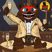 a cartoon drawing of a werewolf wearing a tuxedo and mask holding a glass of champagne