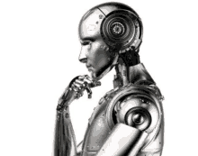 a robot with headphones on has a hand on his chin