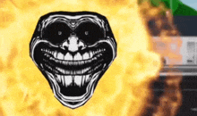 a black and white drawing of a troll face with a fire in the background .